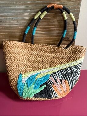 Woven Straw Tote with Multicolor Embroidery